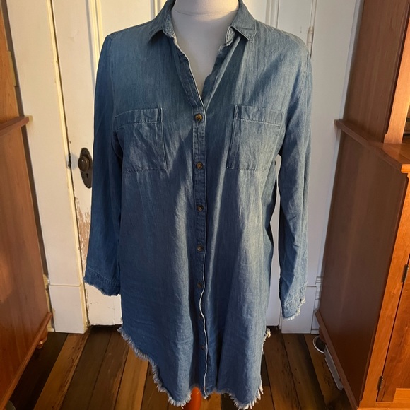 Blue jeans shirt dress or oversized button down. Frayed fringe. Size L - Picture 1 of 4